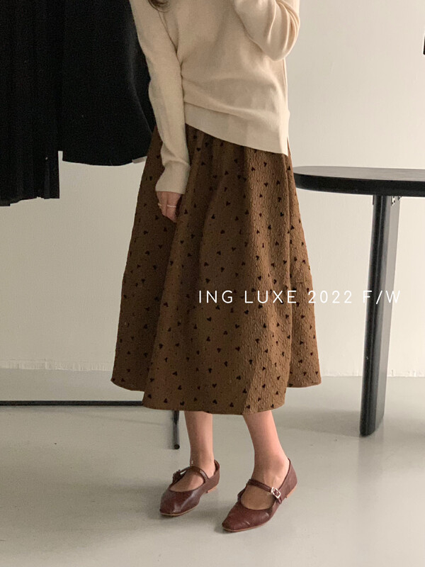【ING】High waist love print embossed A-line skirt 8239