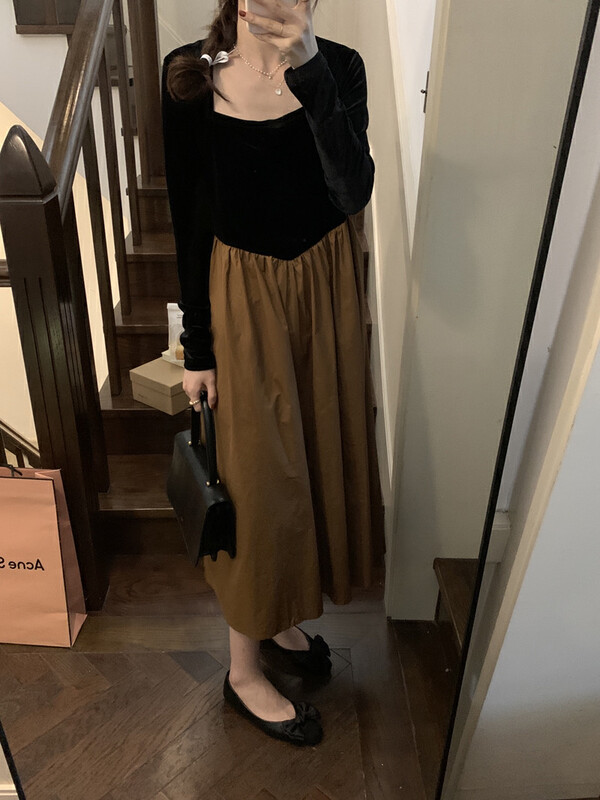 New for winter!  [Timely rain] Korean style ins retro temperament hit color stitching dress AS288# WPL