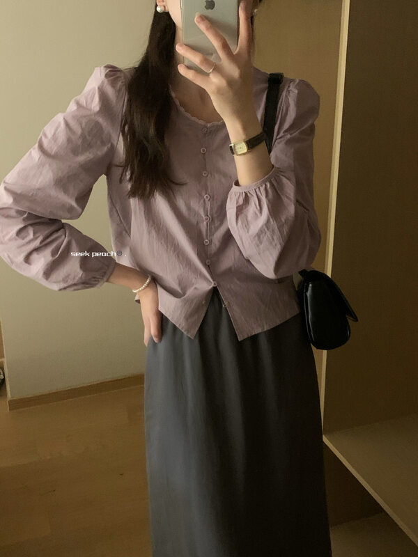 New in early autumn! [SEEK PEACH] round neck single-breasted textured shirt 5527# L