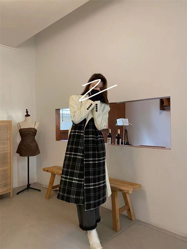 [Semi-plain] Fake two-piece plaid double-breasted leather stitched woolen coat (with belt) J976# ZJY