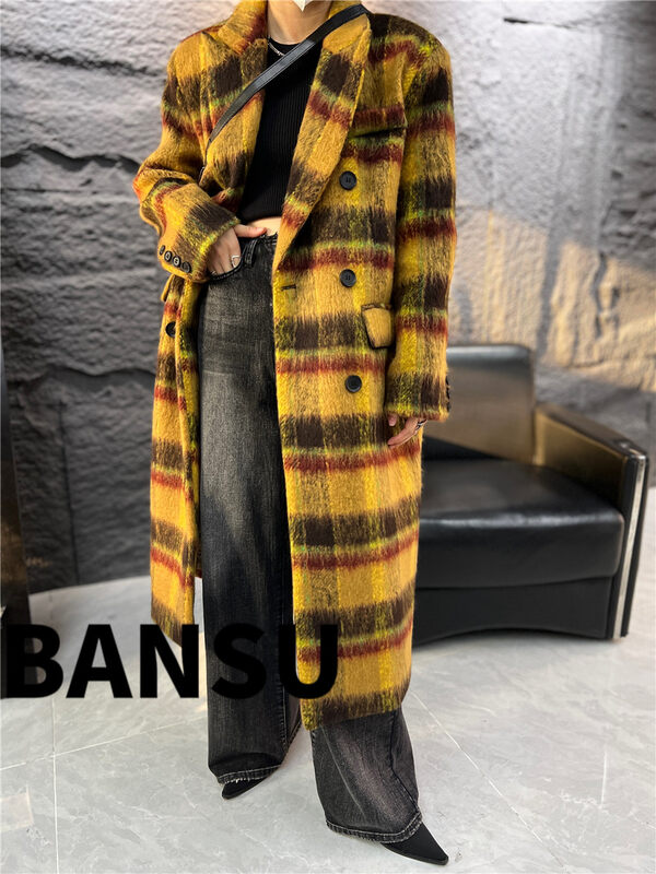 [Half-Plain] Plaid Contrast Color Thickened Long Wool Coat (Only Coat) A880# ZJY