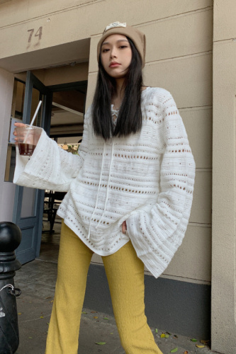 Net price real shot hollow knitted sweater autumn new long-sleeved design sense niche pullover loose and thin