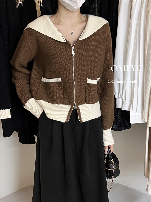 New in winter! [O MI] Contrast color navy collar comfortable and versatile zipper warm sweater 3345# FHX