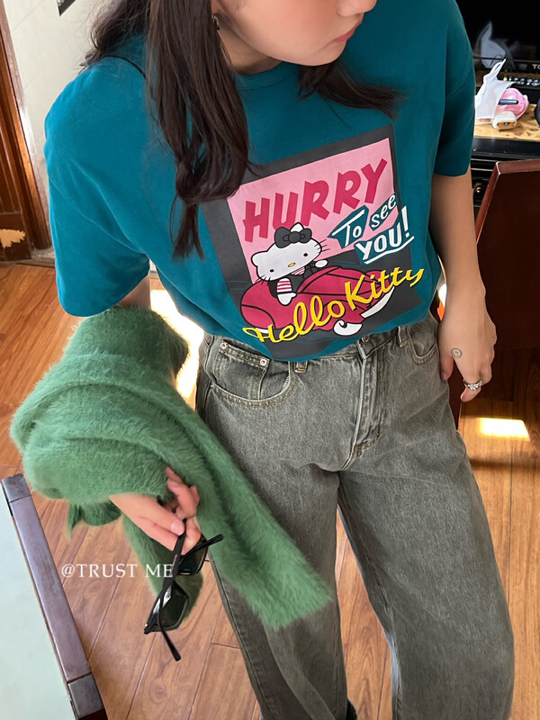 【TRUSTME】Korean cartoon solid color short-sleeved T-shirt 40238