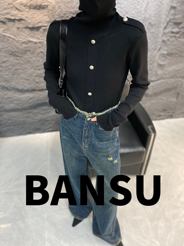 [Semi-plain] high-neck buttoned design pullover sweater L1118# ZJY