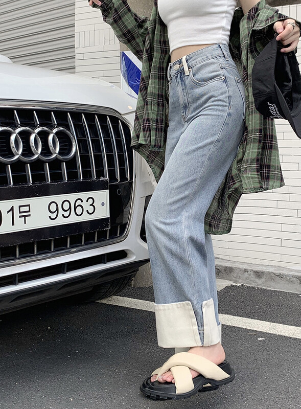 Autumn is new! [Timely rain] Korean style ins retro high waist slim design contrast color jeans 32165# WPL