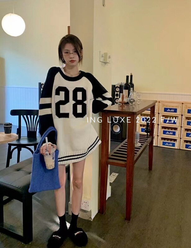 【ING】Lazy style contrast color letter loose sweater w3876