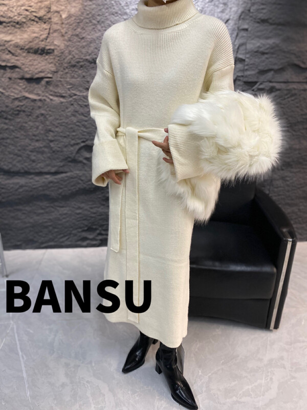 [Semi-plain] Turtleneck Solid Color Lazy Style Long Sweater Dress (with Belt) 8950# ZJY