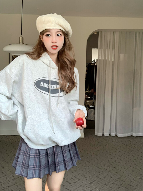 [Timely rain] Korean style ins retro lazy loose design fleece hooded sweater 42753# WPL