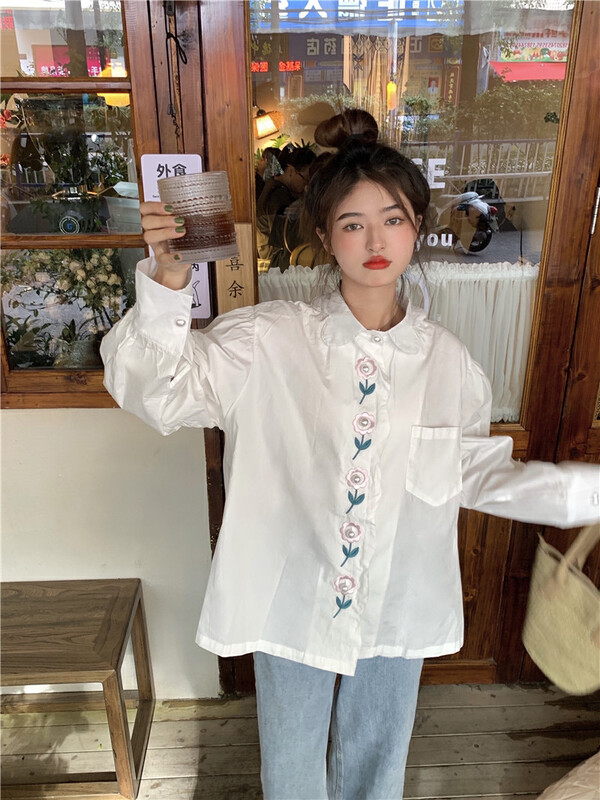 New in winter! [Timely rain] Hanfeng ins sweet age-reducing embroidery heavy industry niche pocket shirt 30279# WPL