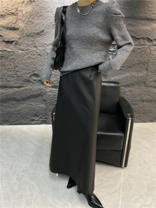 [Semi-plain] round neck solid color puff sleeve warm sweater 8939# ZJY