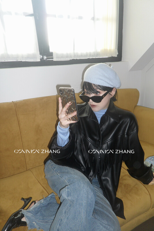 [CZ ZHANG] Advanced design tassel thickened warm motorcycle leather jacket 82460