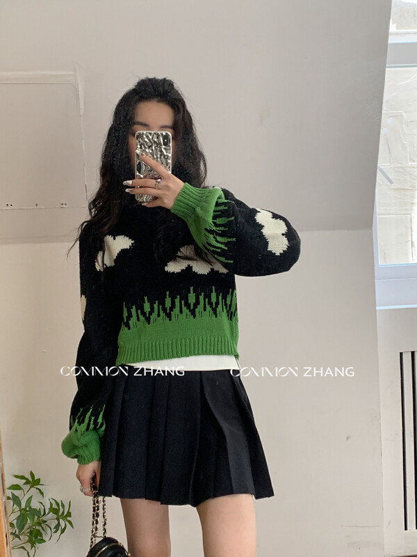 [CZ ZHANG] Age-reducing fun pattern pullover lantern sleeves slim warm sweater 92095# JHY