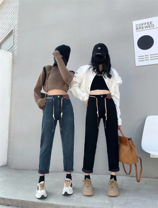 【OKD】High waist slim all-match jeans (with waist rope) 52876# GY