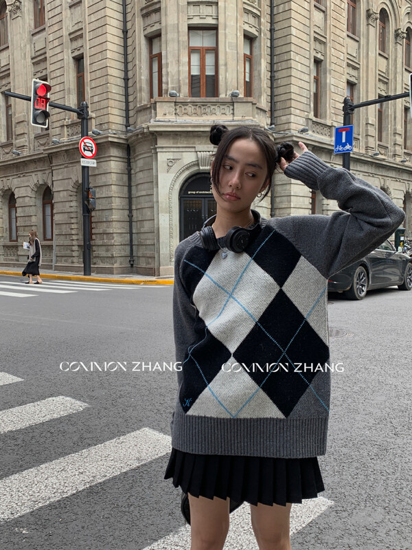 【CZ ZHANG】Commuter Retro Colorblock Plaid Pullover Long Sleeve Warm Sweater 92041# JHY