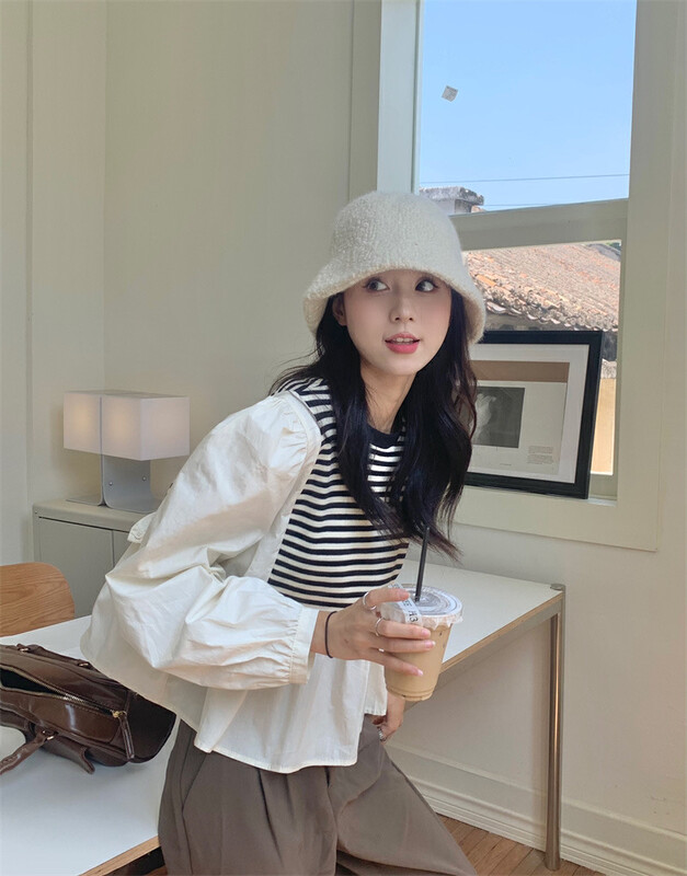 [Timely Rain] Sweet design knitted stripe stitching fake two-piece shirt V1278# WPL