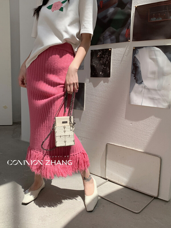 【CZ ZHANG】Fashionable design tassel high waist slit bag hip skirt 92066# JHY