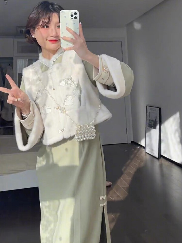 【KIKI STUDIO】National style literary small fresh dress + new Chinese vest suit 7014# HJY