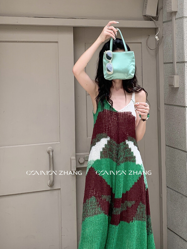 【CZ ZHANG】Designed colorful stitching hollow long swing sweater dress 92099# JHY