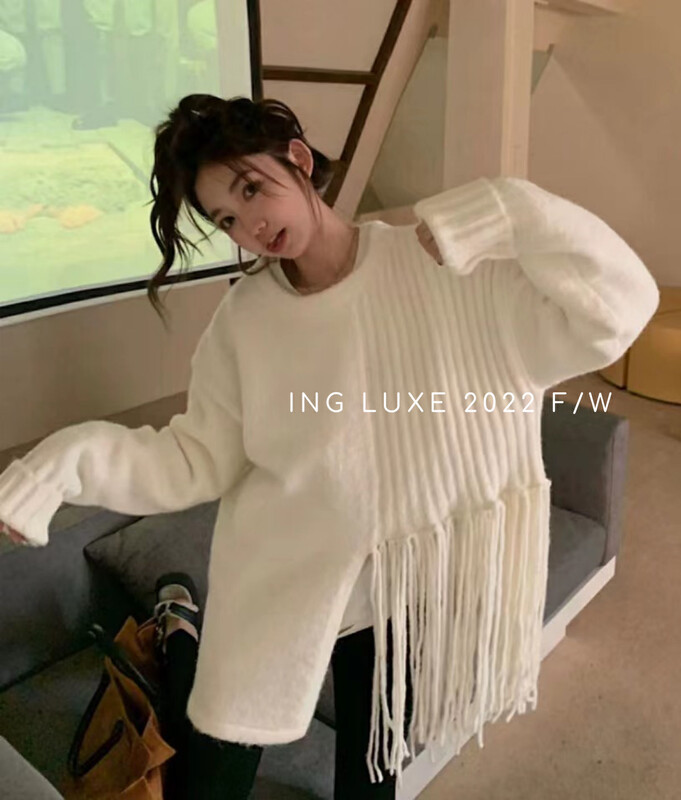 [ING] Irregularly designed fringed sweater w3798