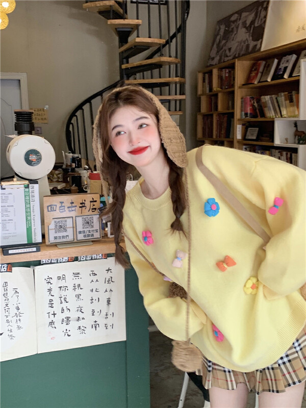 New in winter! [Timely rain] Hanfeng ins sweet heavy industry three-dimensional bow warm sweater (flowers cannot be removed) 43127# WPL