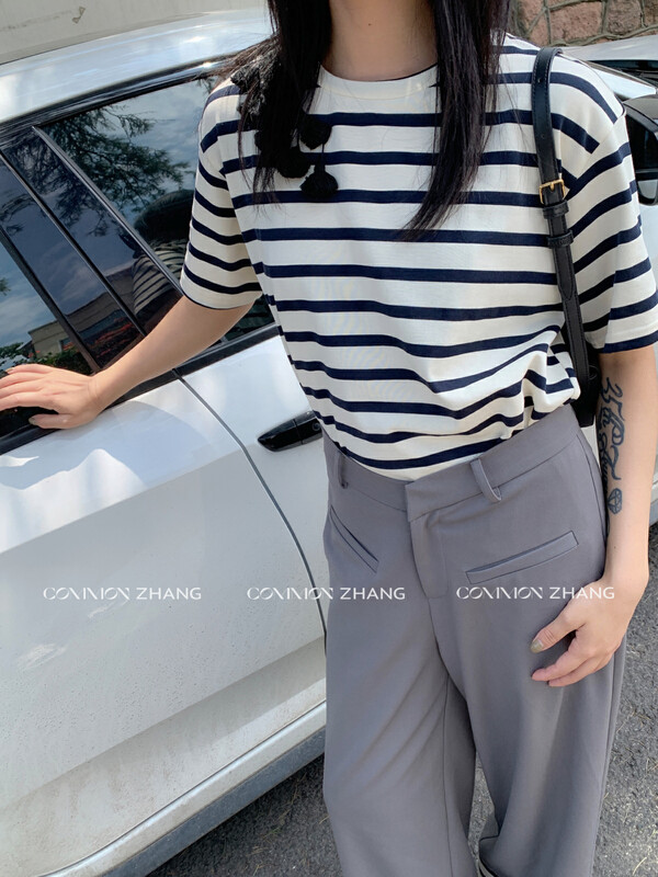 【CZ ZHANG】Fringe Embroidered Striped Loose Short Sleeve T-Shirt 82185# JHY