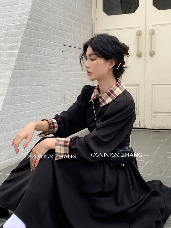 【CZ ZHANG】French retro plaid stitching pleated long dress 82249# JHY