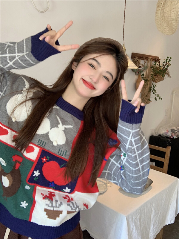 [Timely Rain] Sweet and age-reducing heavy industry fun handmade jacquard contrast color warm sweater F5275# WPL