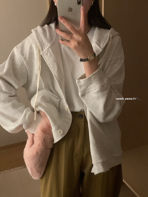 New in autumn! [SEEK PEACH] hooded single-breasted coat sweater 5691# L