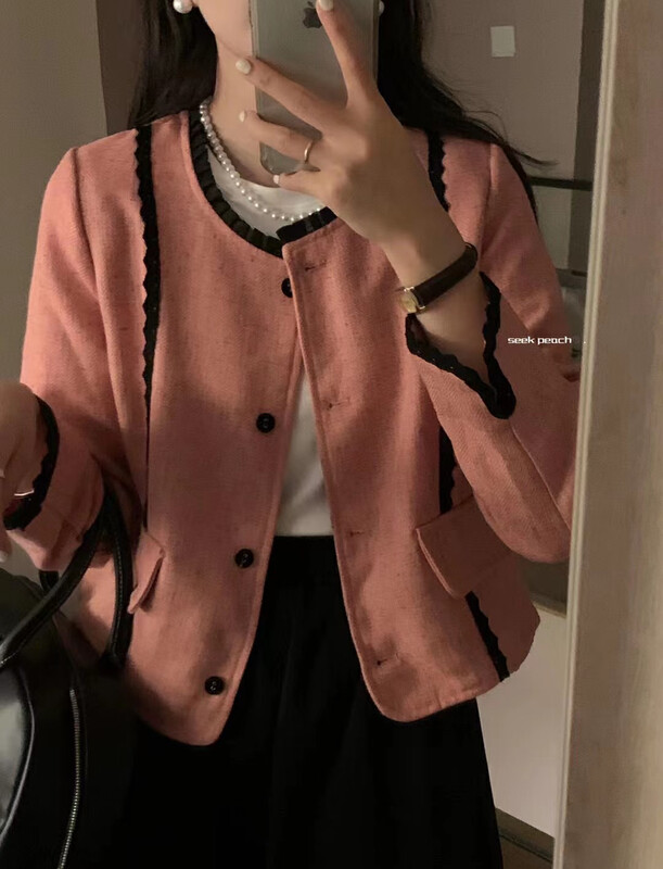 New in winter!【SEEK PEACH】Single-breasted color-blocking small fragrant short coat S-5157# L