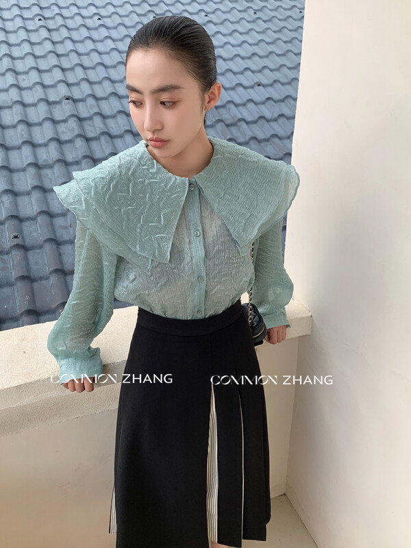 [CZ ZHANG] Age-reducing doll collar textured embossed perspective mid-length shirt 82178# JHY