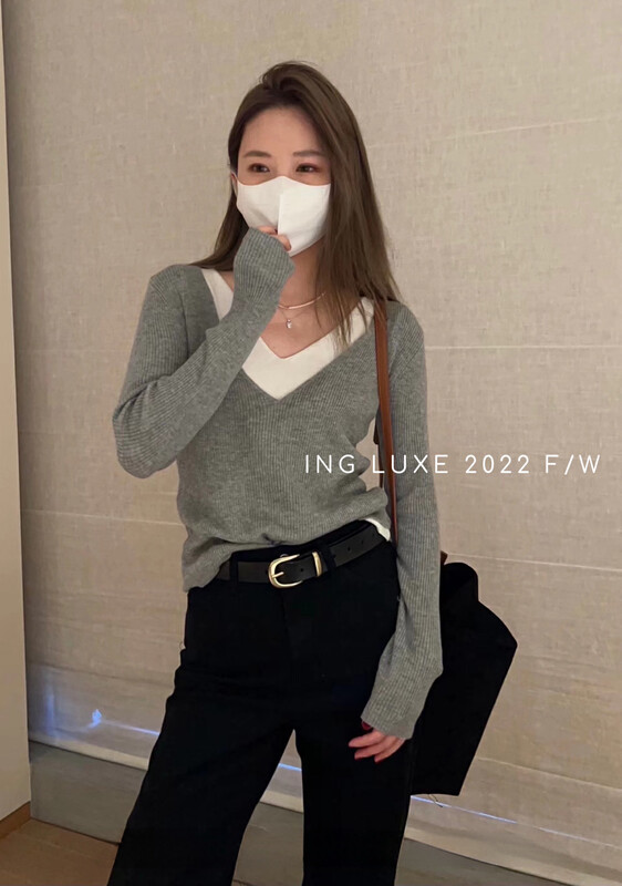 【ING】Korean simple design fake two-piece knitted sweater w3878# FHX