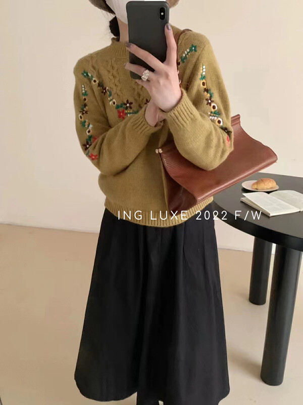 【ING】Vintage hand-embroidered pullover cashmere sweater w3938