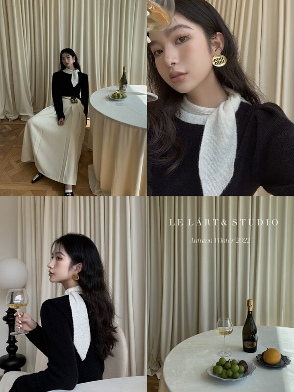 [LE LART] French French Hepburn Small Fragrance Black and White Colorblock Bow Tie Puff Sleeve Sweater XL276