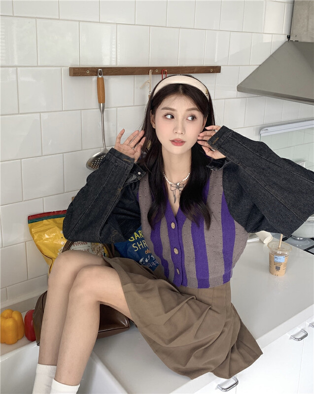 [Timely rain] Korean style ins retro sweet design striped knitted sweater stitched denim jacket 54780# WPL