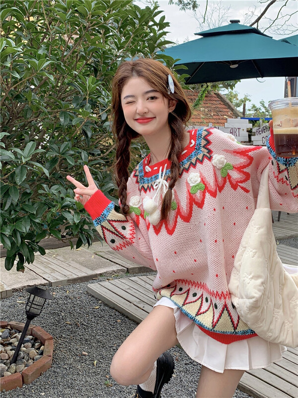 [Timely rain] Hanfeng ins sweet heavy industry three-dimensional handmade flower jacquard lace wool ball warm sweater 16766# WPL