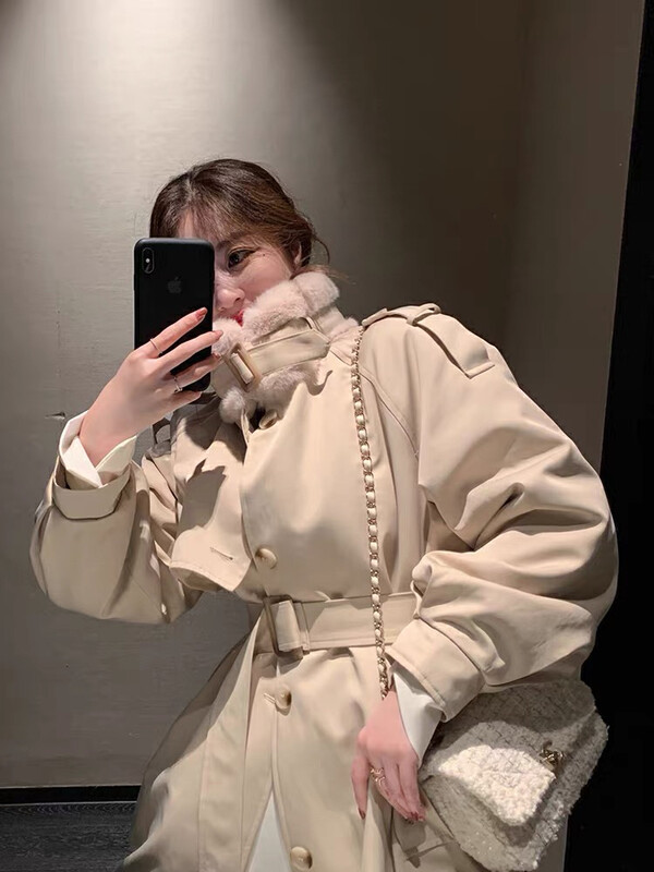 【KIKI STUDIO】Korean fashionable thickened imitation wool liner windbreaker (with belt + one neckband) 7016# HJY