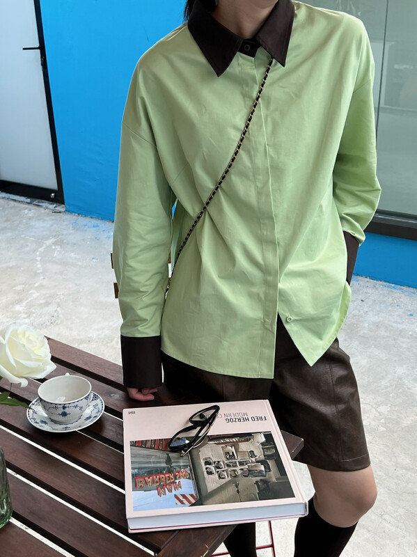 【TRUSTME】Korean style simple collar and cuff color matching shirt 40274