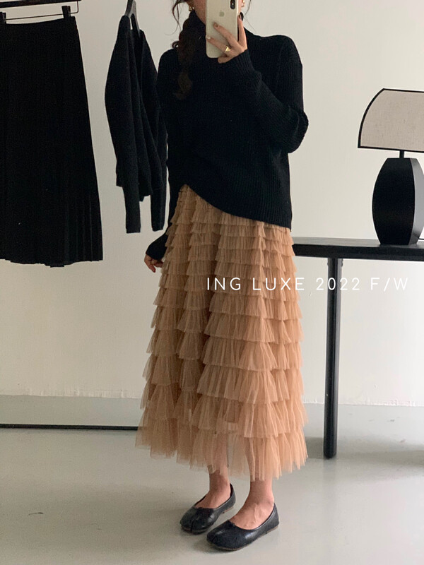 【ING】High-waisted ruffled cake A-line skirt ING-8208# FHX
