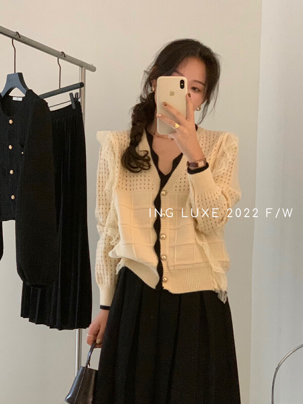 【ING】Korean crochet high-quality design V-neck lace warm sweater w3786# FHX