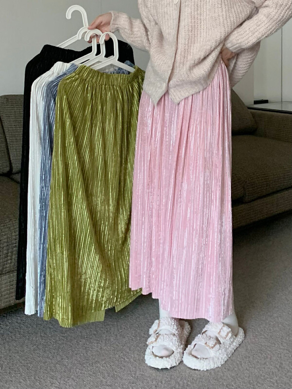[Timely rain] Korean style ins retro temperament design pleated velvet skirt 54723# WPL