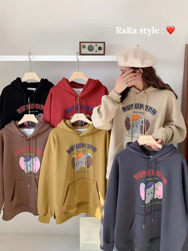 [RARA] Hooded cartoon print casual fleece sweater 30356# LSL
