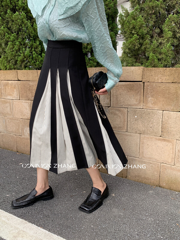 [CZ ZHANG] Design stripe stitching high waist pleated A-line skirt 82262