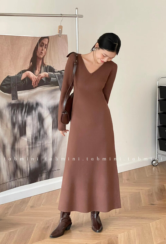 New in winter!【TABMINI】Fashion and simple V-neck slim dress Q15308-A# WPL