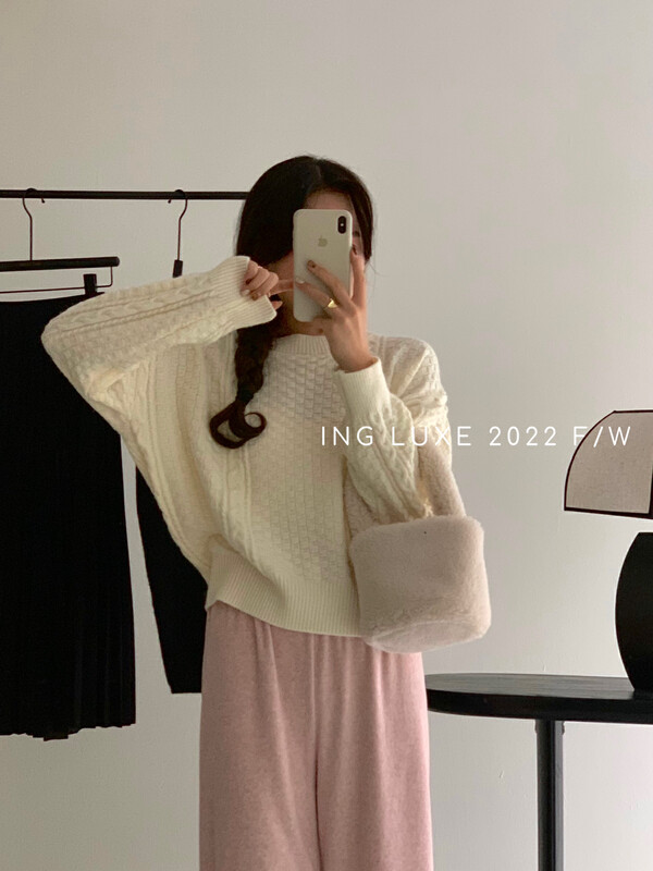 【ING】Korean version careful machine back strap loose pullover warm sweater w3879# FHX