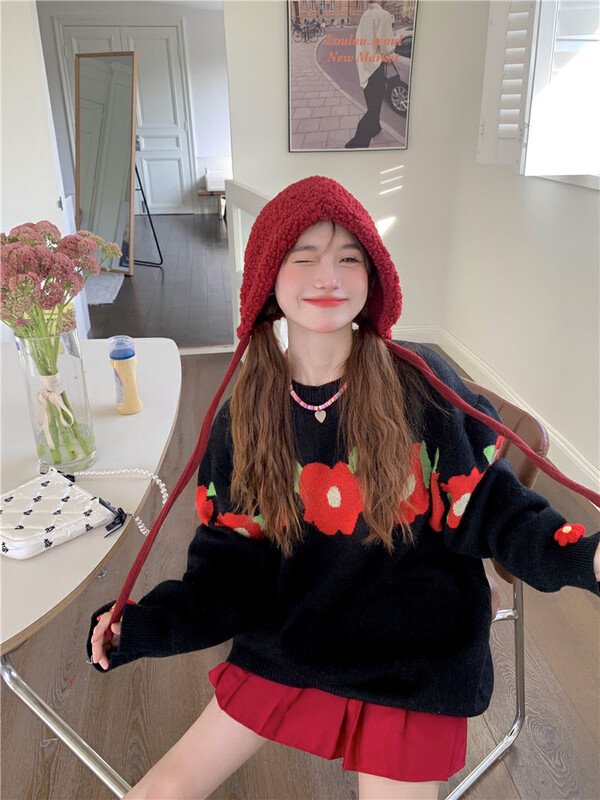 [Timely rain] Korean style ins sweet design three-dimensional red flower warm sweater 20459# WPL
