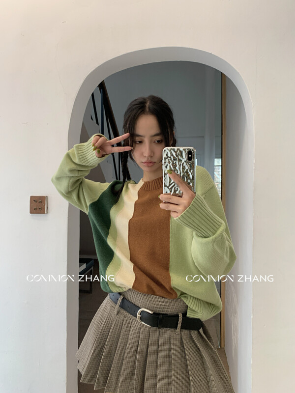 【CZ ZHANG】Fashion personality color matching loose meat-covering pullover warm sweater 92032# JHY
