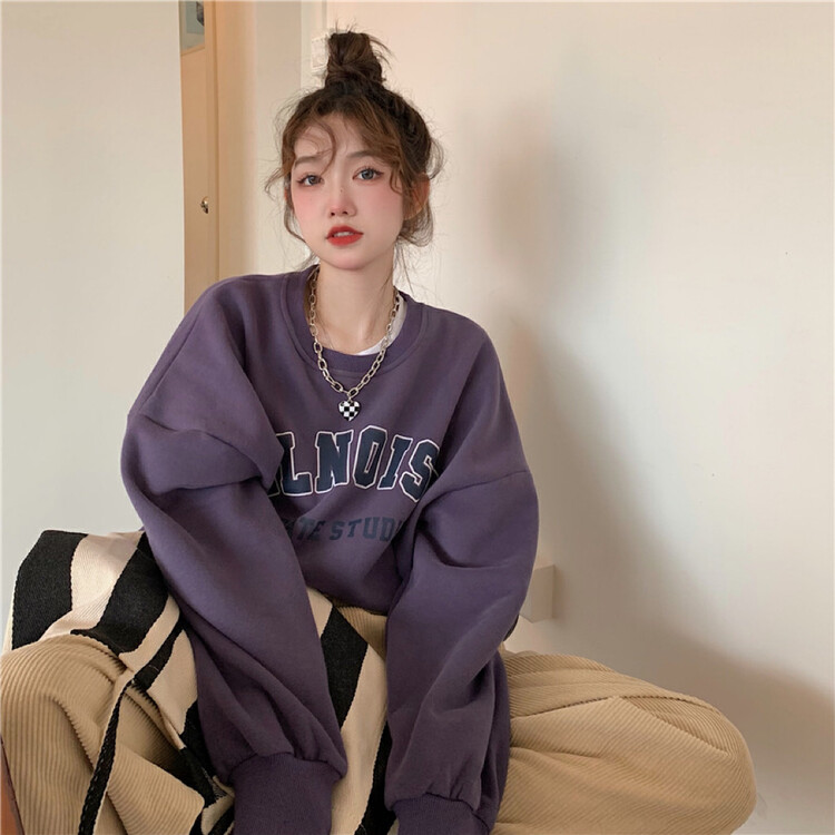 New in winter! [Timely rain] Korean style ins design letter simple pullover grape purple velvet sweater 4449# WPL