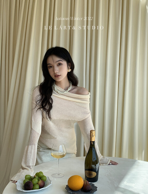 【LE LART】French pure desire style off-the-shoulder see-through pullover sweater TH116