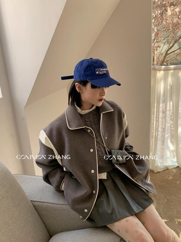 [CZ ZHANG] High street big-name stitching leather letter embroidery baseball uniform cotton clothing 82446